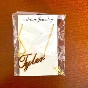 Tyler Name Plate Necklace. Gold. Medium Length Chain. Custom.